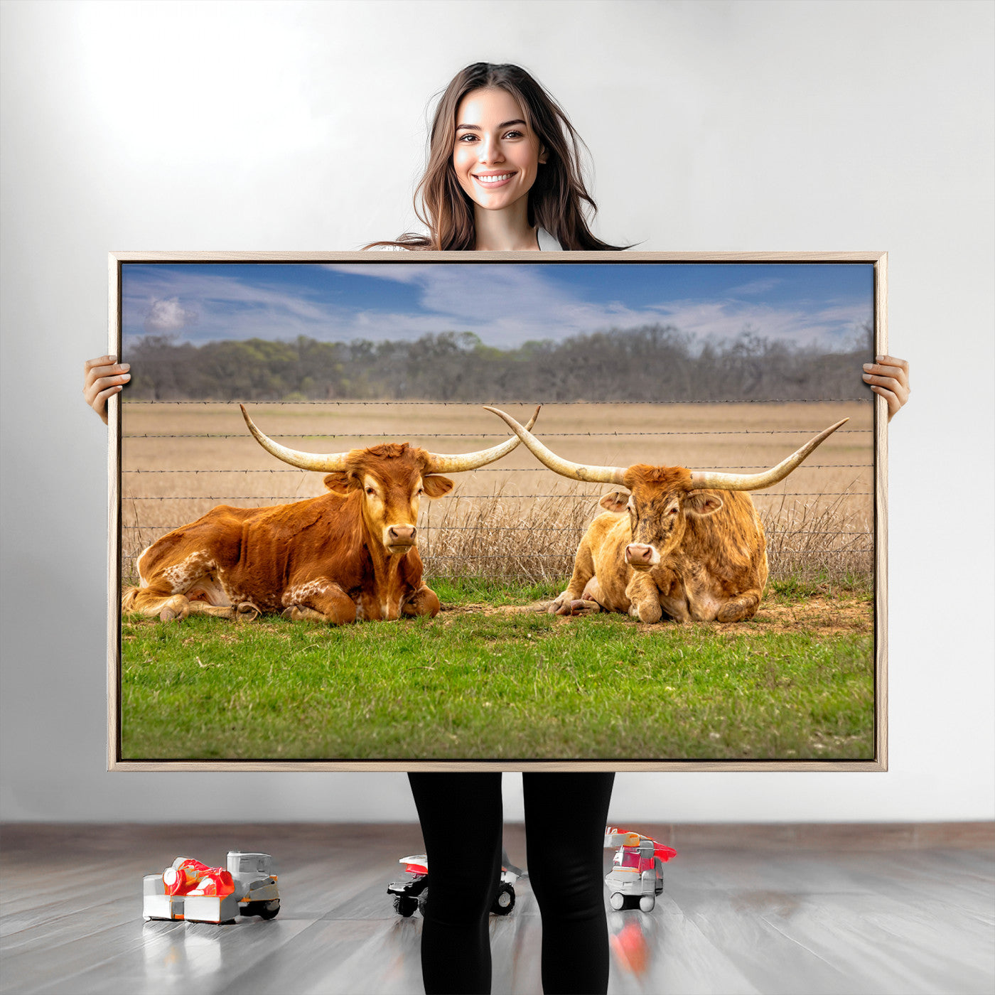 Two longhorn cattle resting on green grass in a rural field with a barbed wire fence and blurred trees in the background.