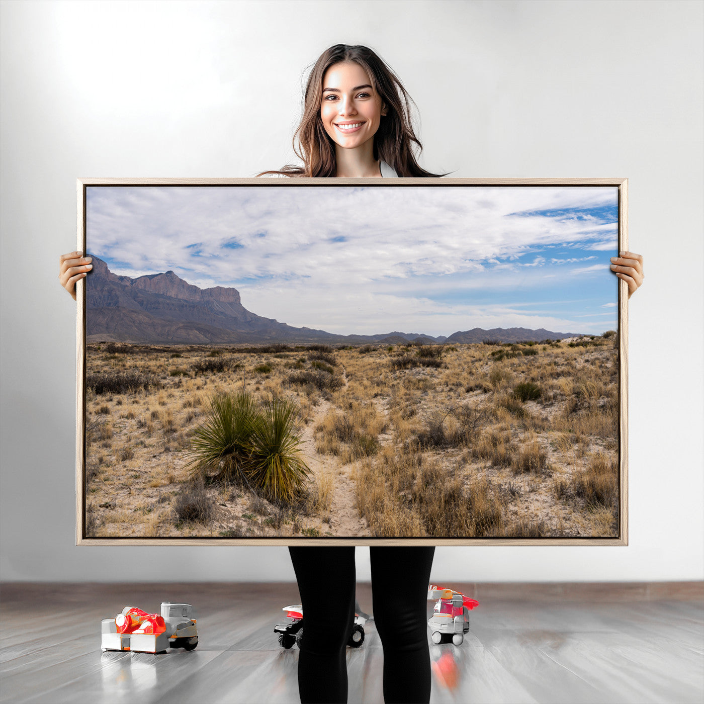 A scenic desert landscape with dry grasses, scattered shrubs, and a distant mountain range under a partly cloudy blue sky.