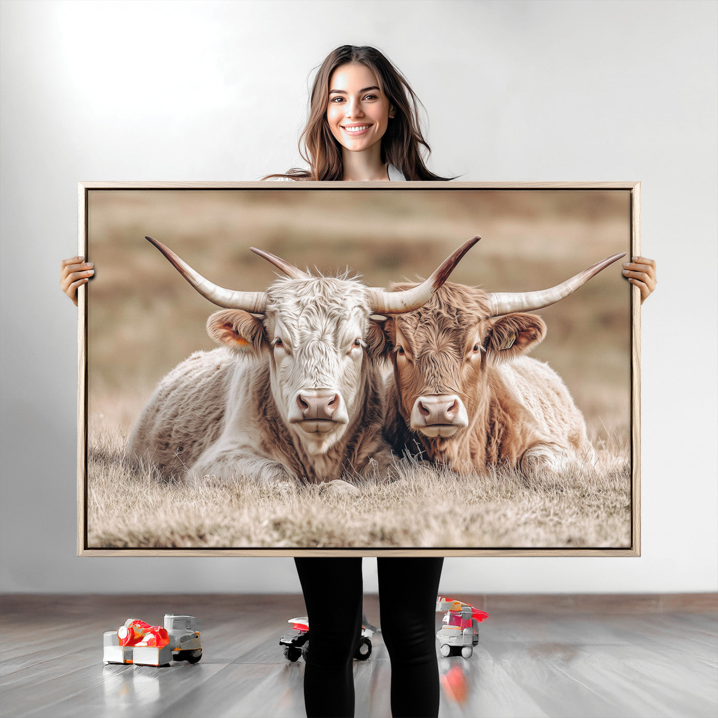 Two Highland cows with long horns lying side by side on a grassy field, featuring soft natural tones and a calm rural setting.