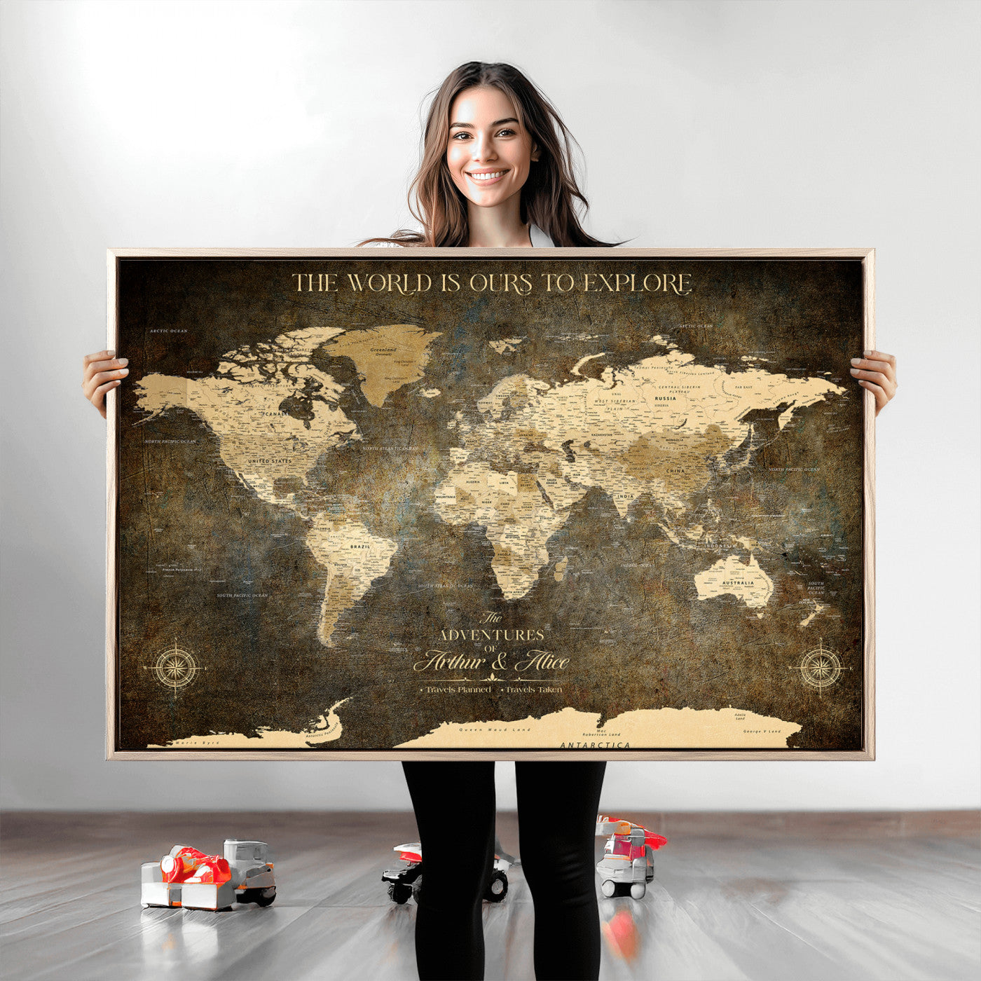76675404-MGV-CV-36X24-Framed Push Pin World Travel Map – Canvas Wall Art for Tracking Adventures, Decorative Vintage Style Map with Pins for Home or Office - H1