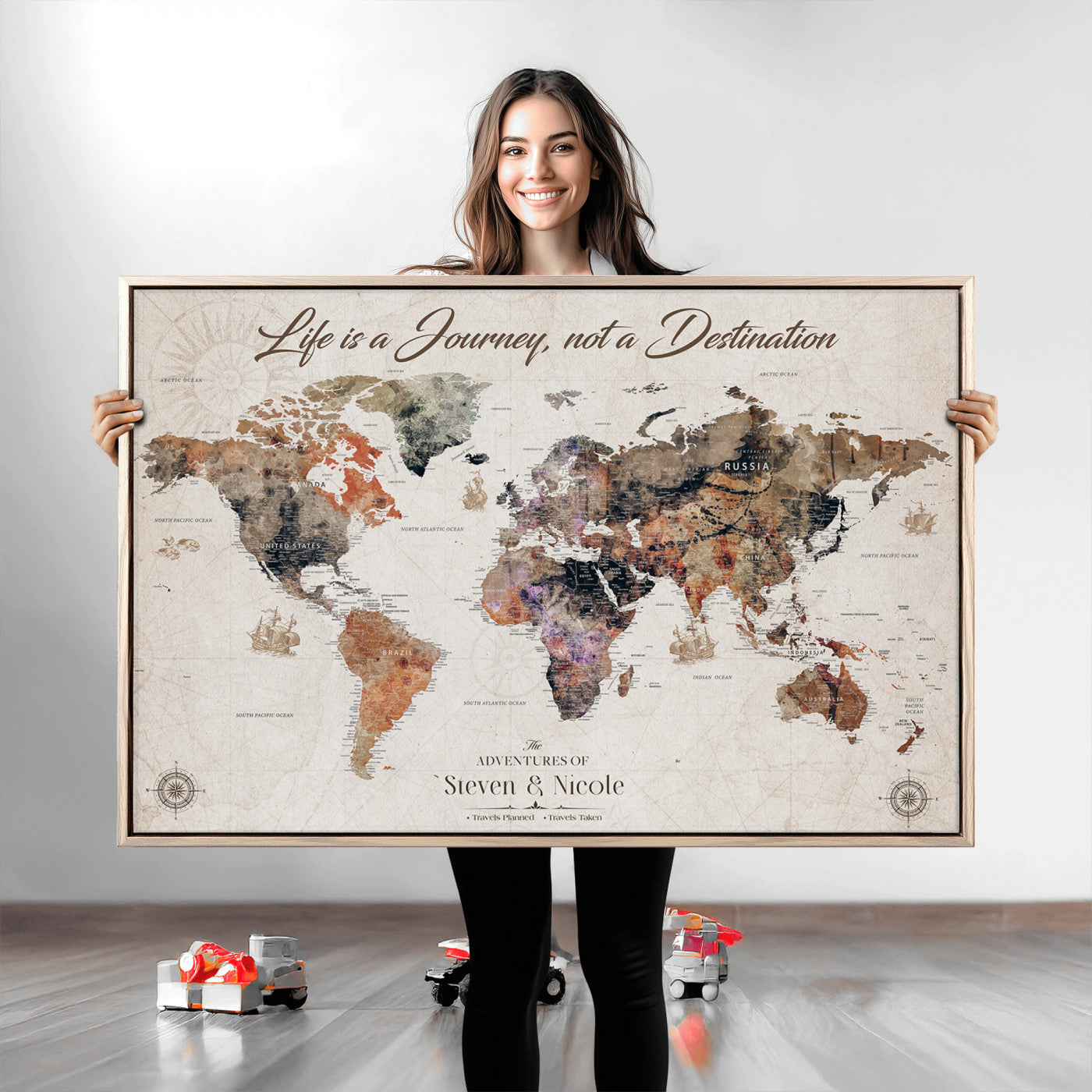 96000140-MGV-CV-36X24-Custom Push Pin World Map Wall Canvas Print – Personalized Travel Tracker with Pins – Framed Large Multi-Size Canvas for Home Office Decor