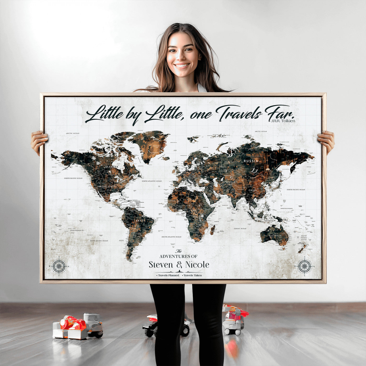 89231588-MGV-CV-36X24-Custom Push Pin World Map Wall Canvas Print – Personalized Travel Tracker with Pins – Framed Large Multi-Size Canvas for Home Office Decor