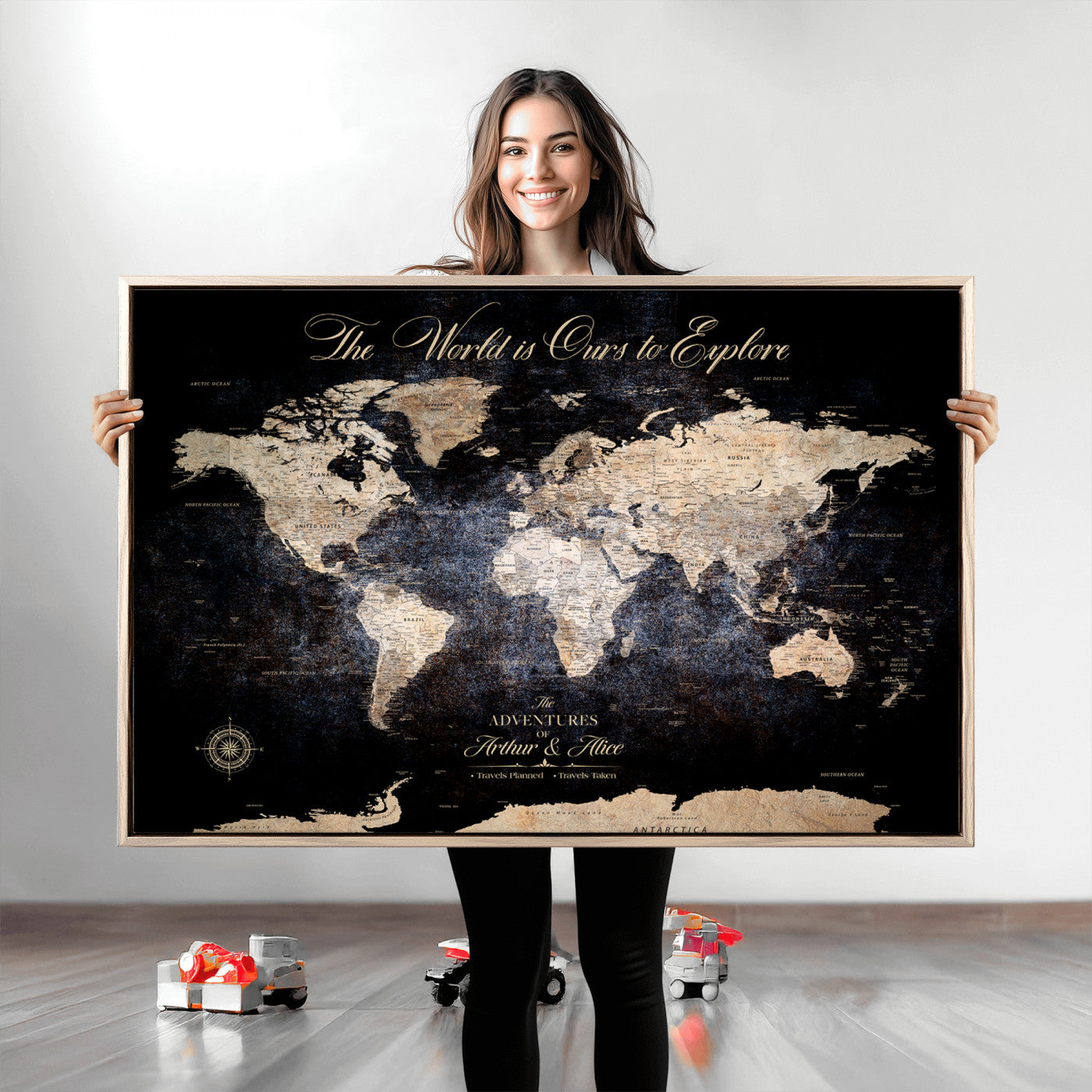 21010471-MGV-CV-36X24-Customize Push Pin World Map Wall Canvas Print, Personalized Travel Tracker with Pins, Framed Large Canvas for Home Office Decor - H37