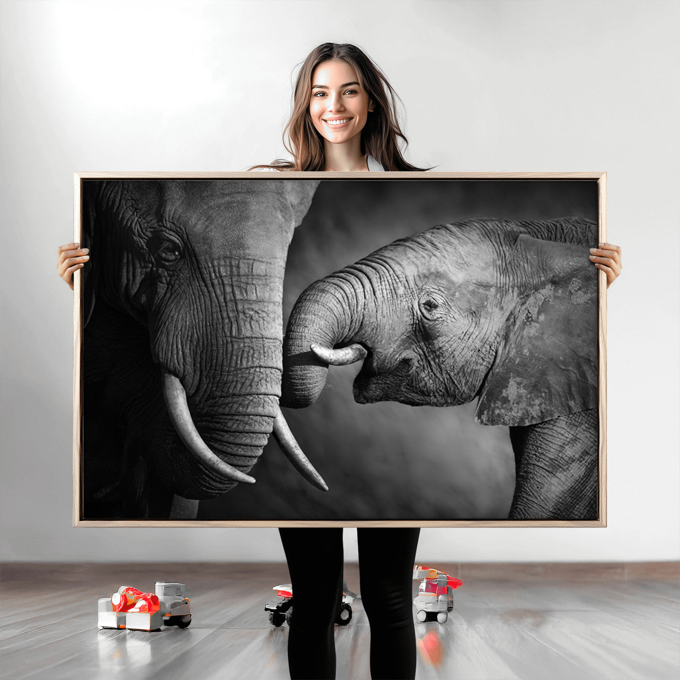 42691-MGV-CV-36X24-Elephant Family Wall Art Canvas, Framed Elephant Family Canvas Print
