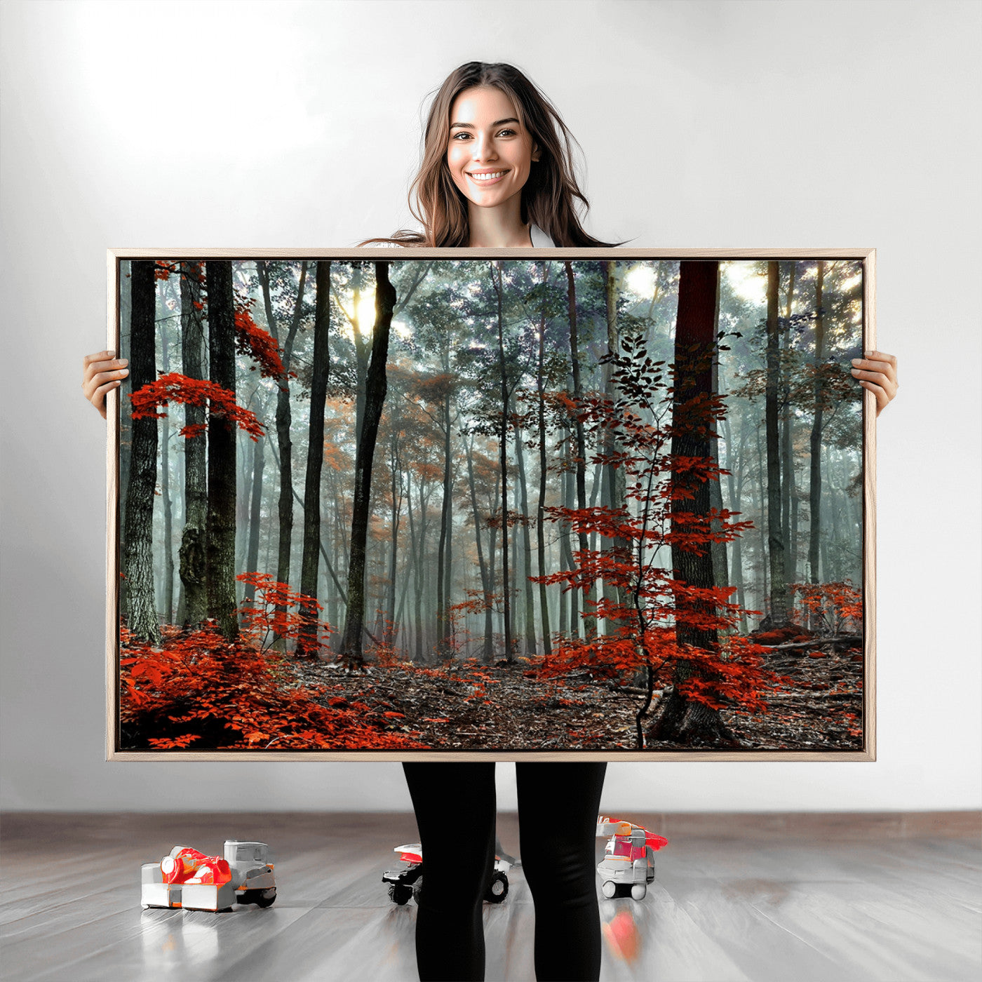 59209-MGV-CV-36X24-Autumn Forest Canvas Wall Art – Enchanting Red Leaves Triptych Print – Nature-Inspired Decor for Living Room or Office – Ready to Hang
