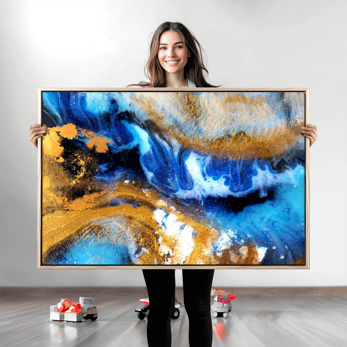 42100-MGV-CV-36X24-Blue Orange Marble Fluid Effect Canvas Wall Art Print