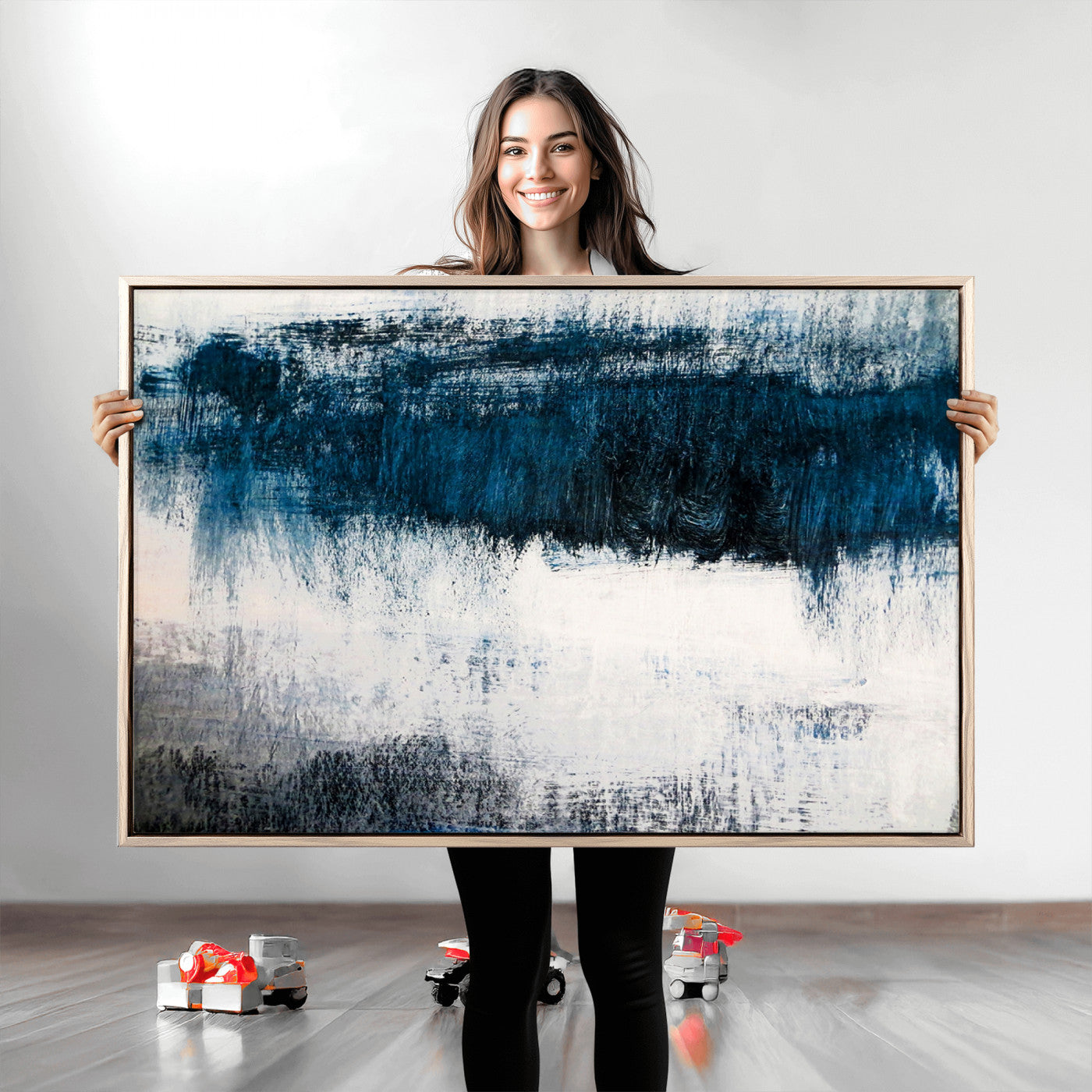 38954-MGV-CV-36X24-Abstract Blue and White Canvas Art | Large Wall Art for Modern Living Room Decor | Minimalist Brushstroke Painting on Canvas