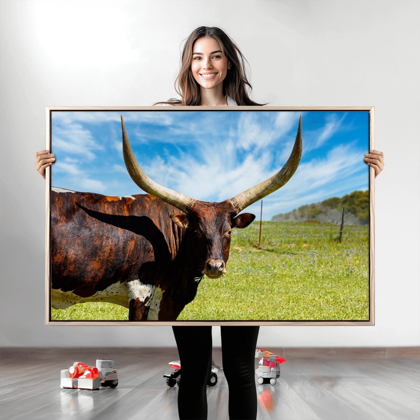 47037-MGV-CV-36X24-Longhorn and Cow Wall Art, Country Cow Wall Decor Canvas Print