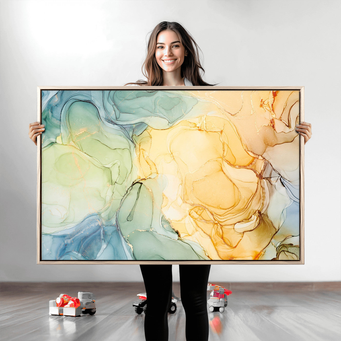 42195-MGV-CV-36X24-Green and Yellow Marble Fluid Effect Wall Art, Green and Yellow Marble Canvas Wall Art Print