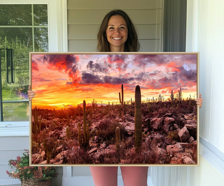 A vibrant desert sunset with cacti, perfect Western Cowboy Wall Art Print.