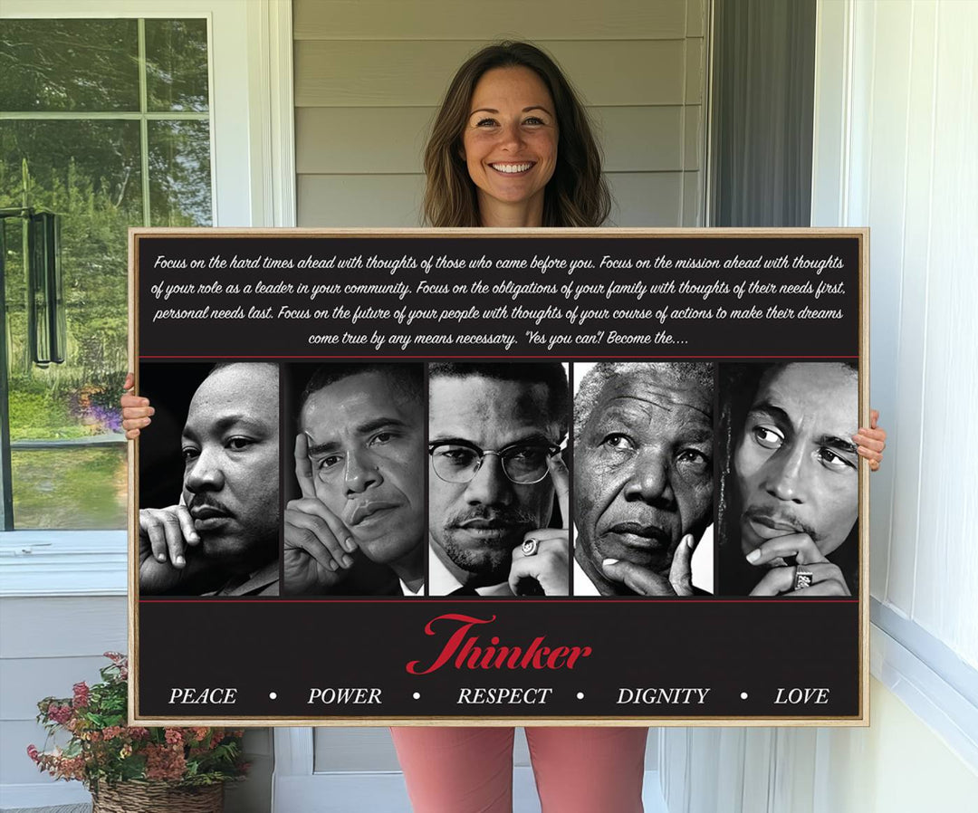 The wall art is a black and white piece featuring iconic figures accompanied by the words Thinker Peace Power Respect Dignity.