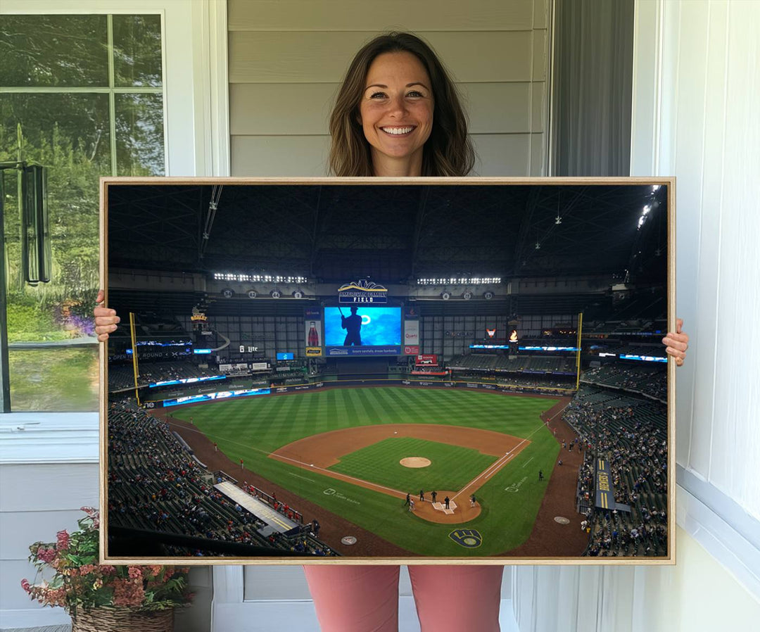 The Milwaukee Brewers stadium print on a green field stands out beautifully.