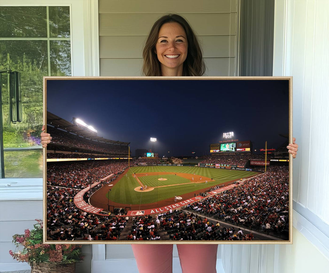 Aerial view of an LA Angels game at night, captured as stunning wall art on premium canvas, handmade in the USA.