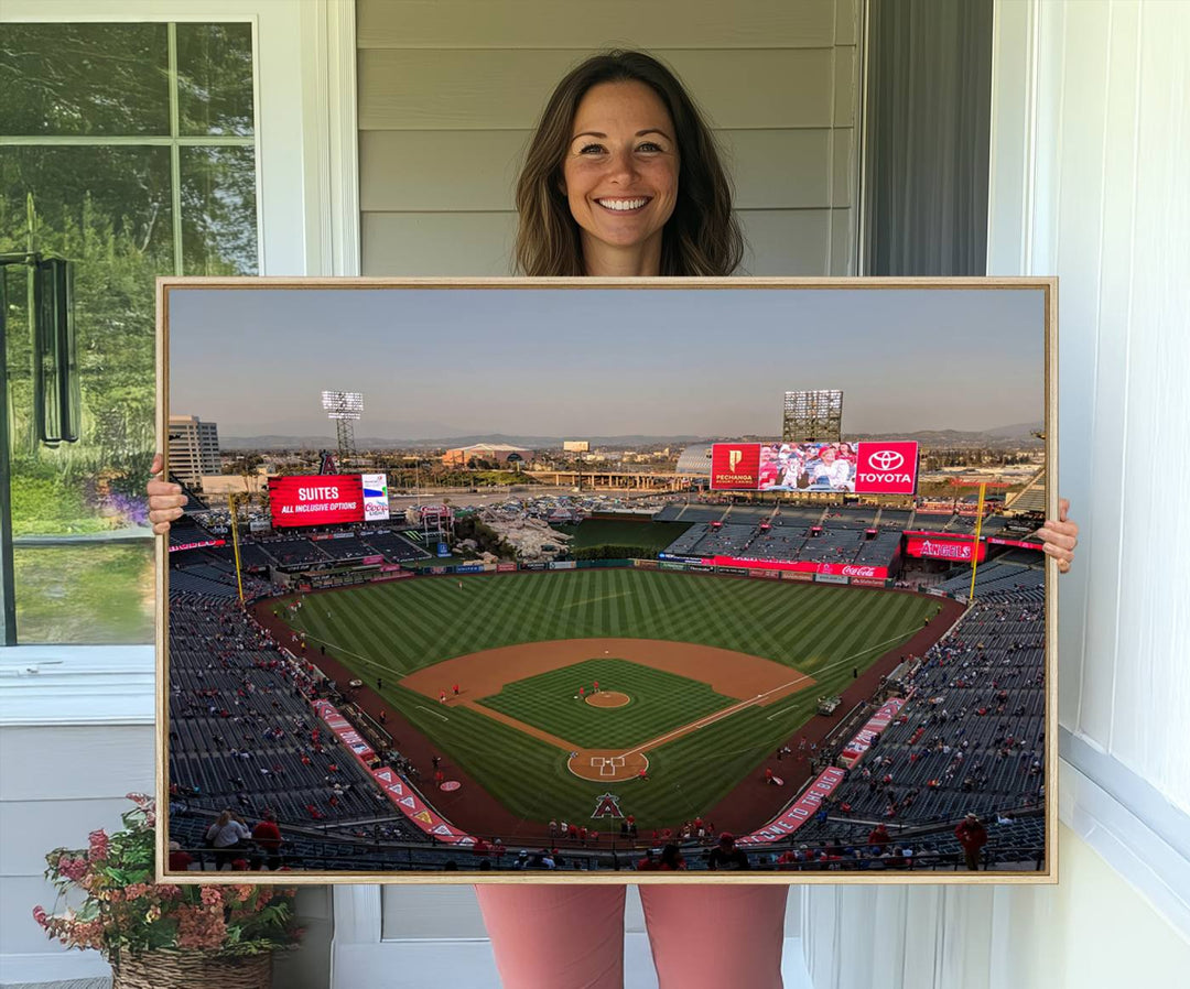 Aerial view of Angel Stadium, perfect as gallery-quality wall art - Los Angeles Angels Canvas Print.