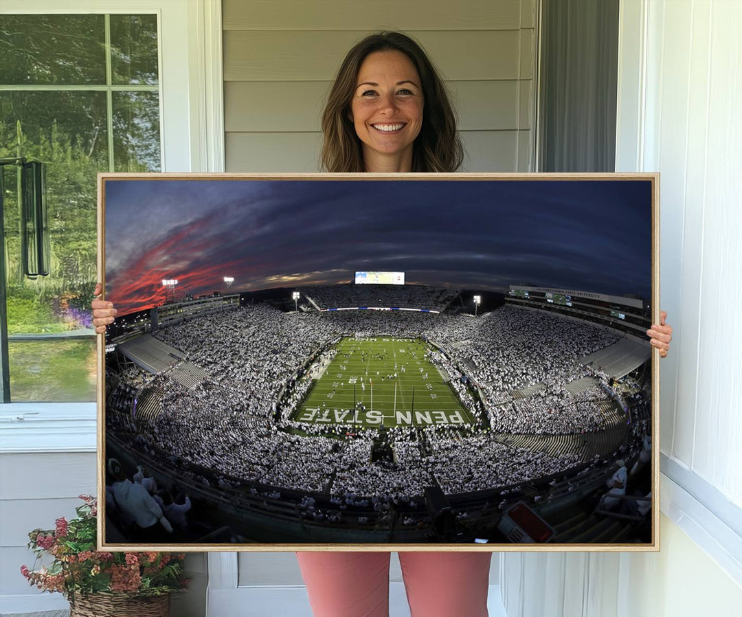 Canvas art capturing the packed Beaver Stadium at dusk, with Penn State emblazoned on the field and a sea of white-clad fans—true perfection.