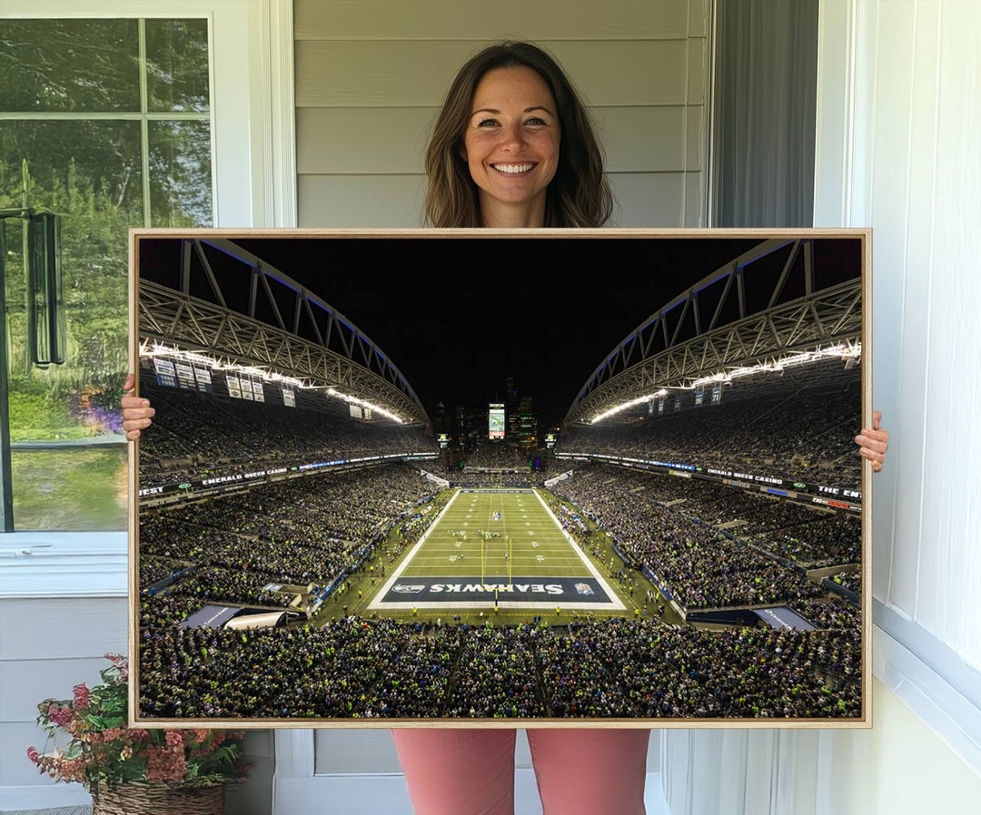 Handmade Seattle Seahawks Stadium Canvas Wall Art Print featuring an aerial view of Night football at CenturyLink Field marked Seahawks.