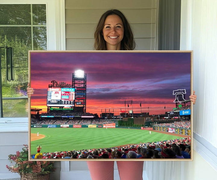 The Philadelphia Phillies canvas print showcases Citizens Bank Park at sunset with a crowd and scoreboard.