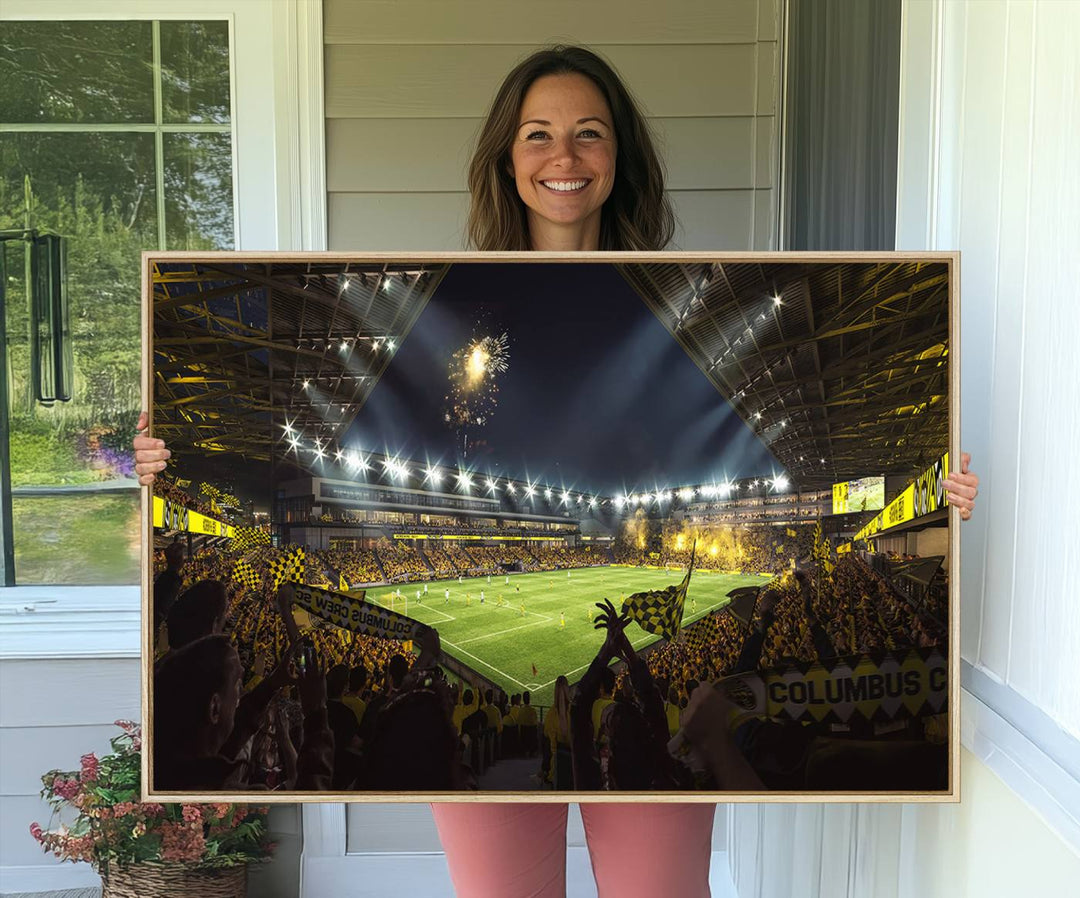 The wall art canvas print captures a packed soccer stadium scene with fans and fireworks.