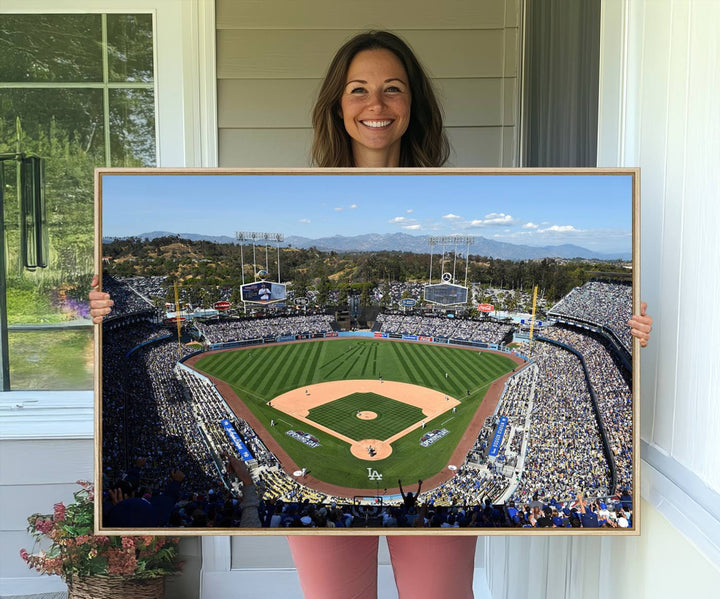 Aerial view of Dodger Stadium captured in gallery-quality on a Dodgers wall art canvas.