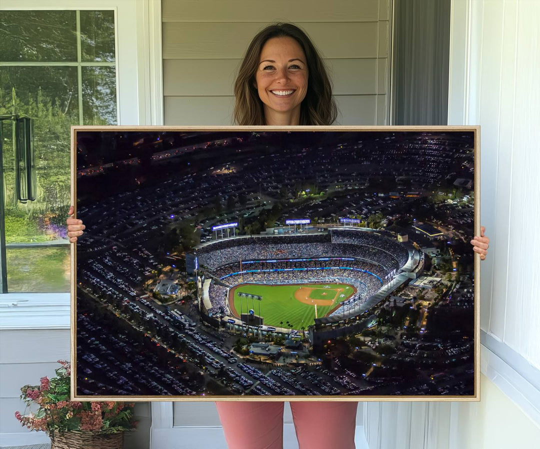 Aerial view of a lit stadium at night, featuring the Los Angeles Dodgers Dodger Stadium Wall Art.