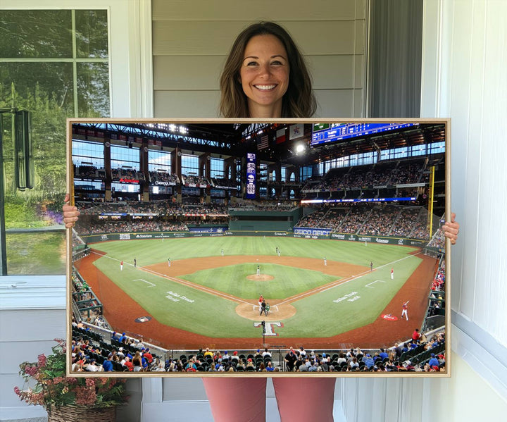 Admire the Texas Rangers Wall Art showcasing Globe Life Fields covered stadium and its lively crowd.