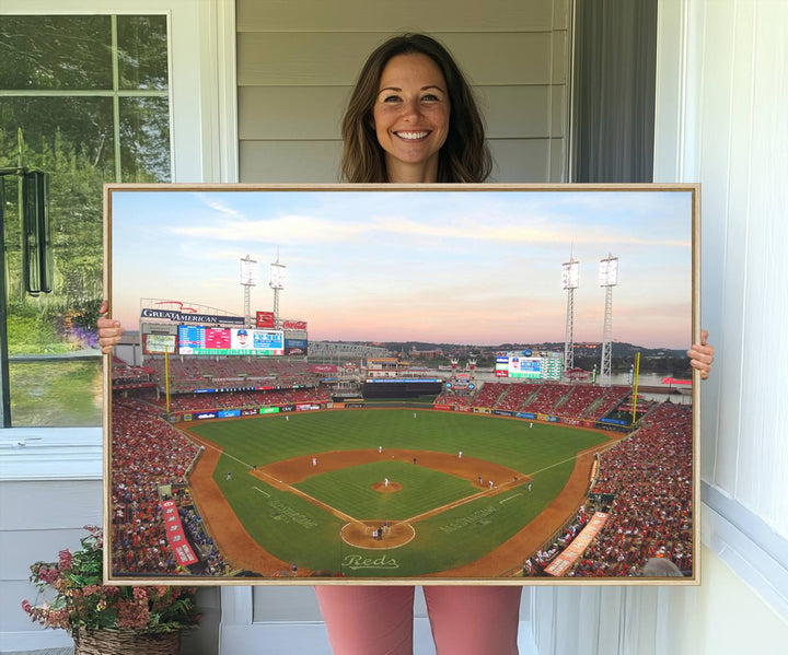 Cincinnati Reds game at sunset: Stadium wall art canvas.