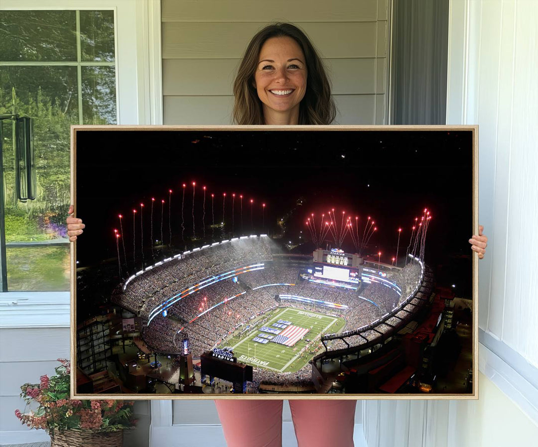 Aerial view of Gillette Stadium with fireworks and flag—ideal for a New England Patriots canvas print.