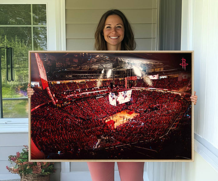 A crowded basketball arena with red lighting hosts a Houston Rockets game.