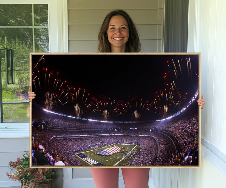 A vibrant wall art piece in MetLife Stadium features a stunning American flag design, capturing the spirited atmosphere of game day.