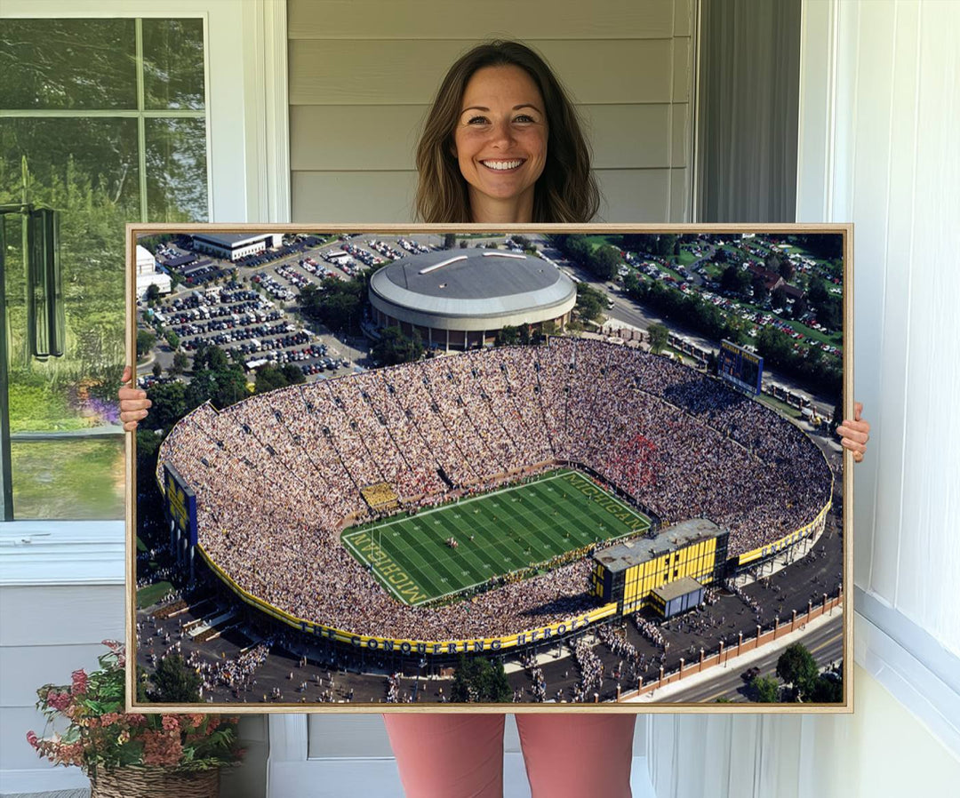 Aerial view of Michigan Wolverines college football culture on a stadium canvas wall art.