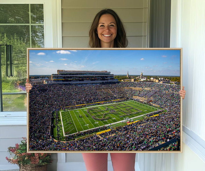 Aerial shot of packed stadium on green; Notre Dame Fighting Irish Stadium Wall Art Canvas Print.