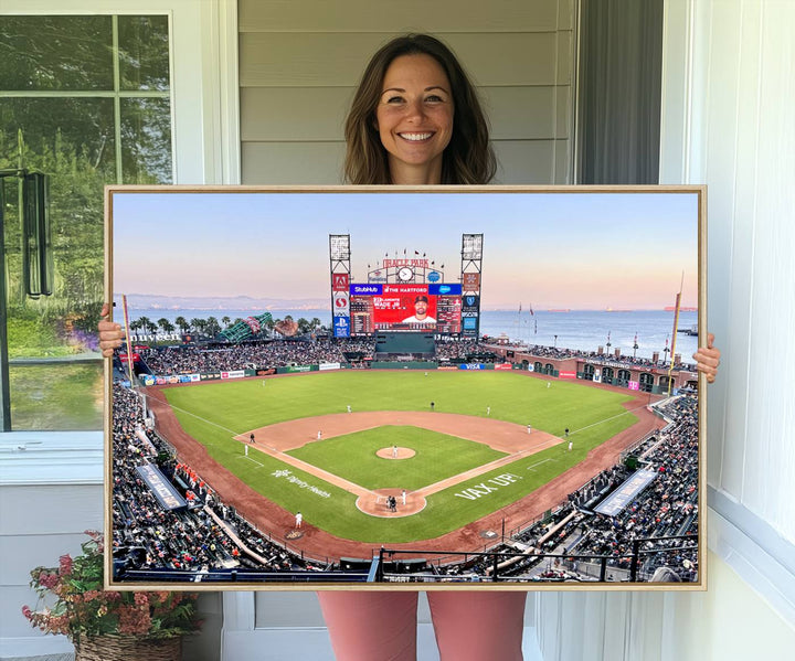 Gallery-quality canvas print of Oracle Park Stadium showcasing a waterfront view from behind home plate.