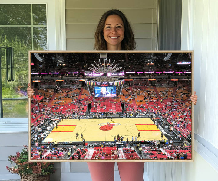 A Miami Heat Basketball Print showcases Kaseya Center Stadium Wall Art with a grand scoreboard.