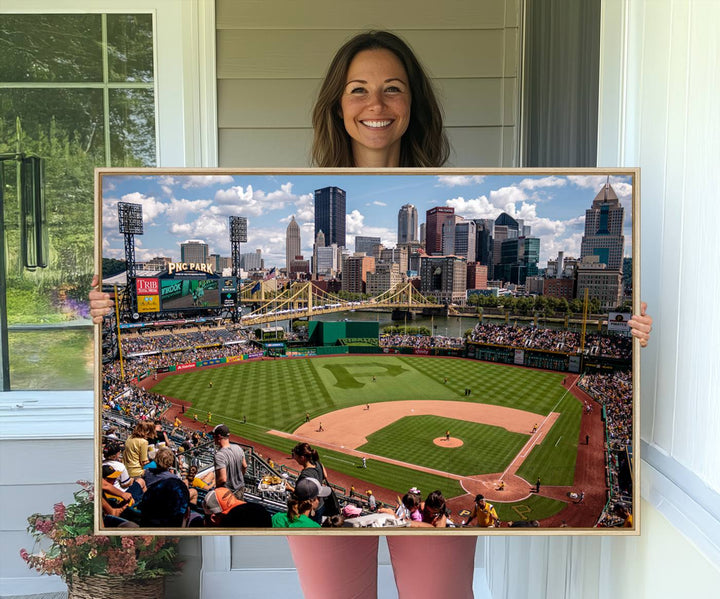 PNC Park Stadium canvas print features a lush field and city skyline, ready to hang.