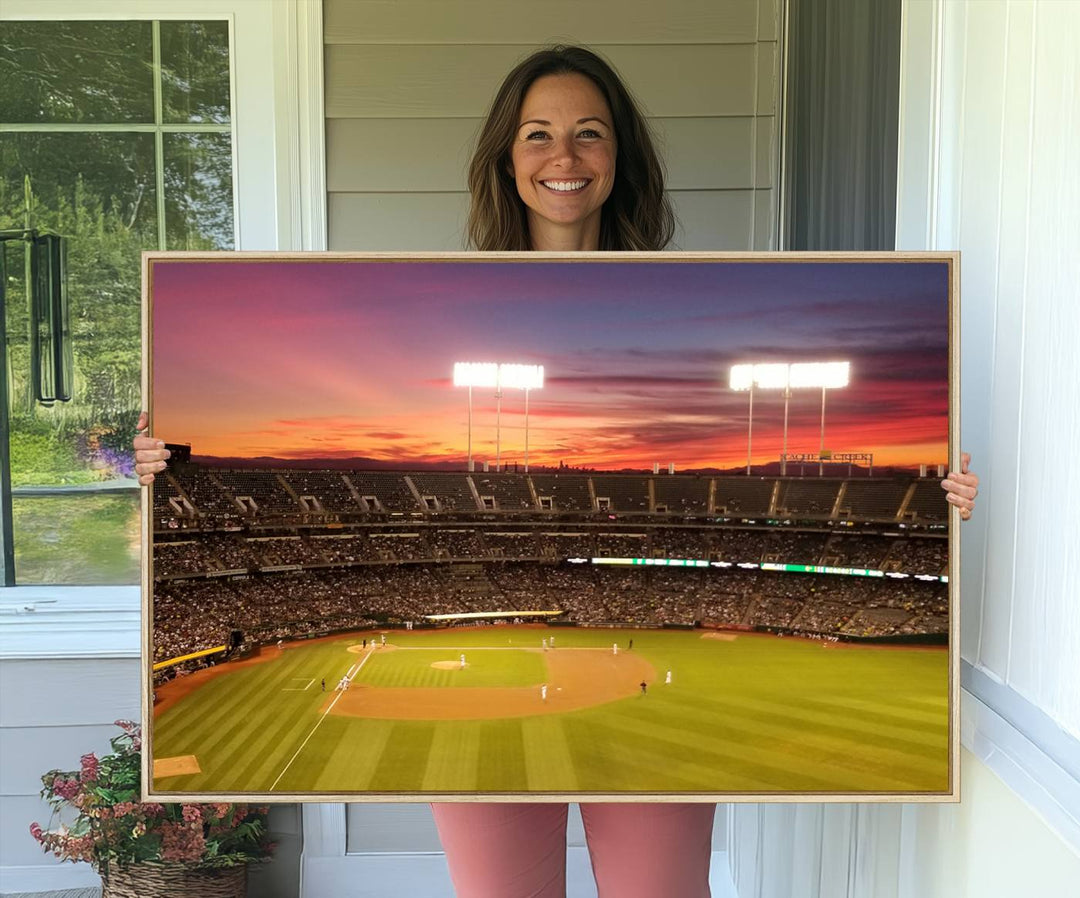 The Oakland Coliseum print is a museum-quality canvas depicting a full crowd and a sunset.