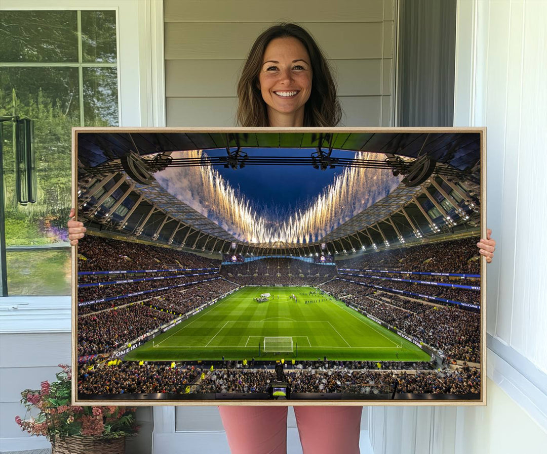 A stunning Tottenham Hotspur Stadium wall art captures the energy of a stadium packed with fans and vibrant lights.