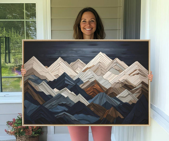 Abstract wood mountain range wall art in a 3-piece set featuring shades of blue, brown, and cream, ideal for modern rustic decor.