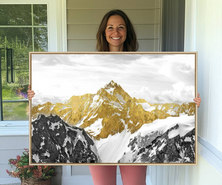 Gold Abstract Mountains Wall Art Print on Canvas.