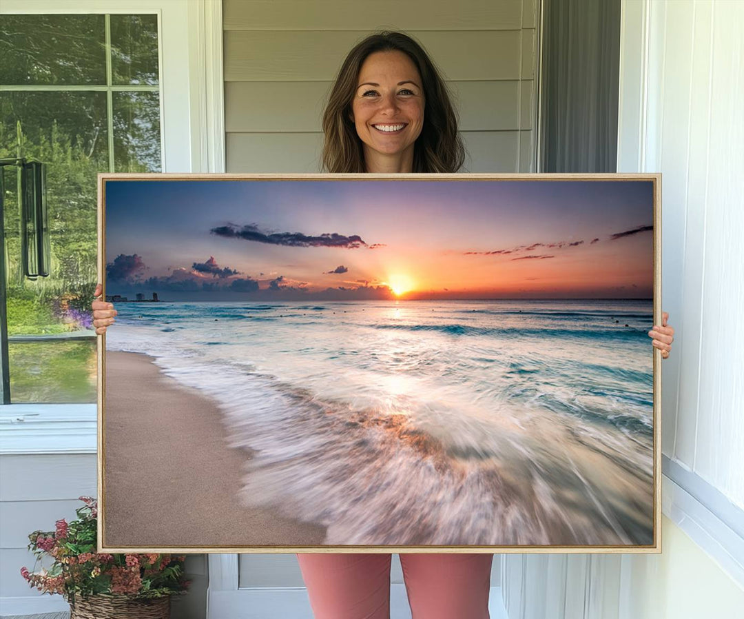 The Sunset Beach Wall Art adds tranquility to the living room.