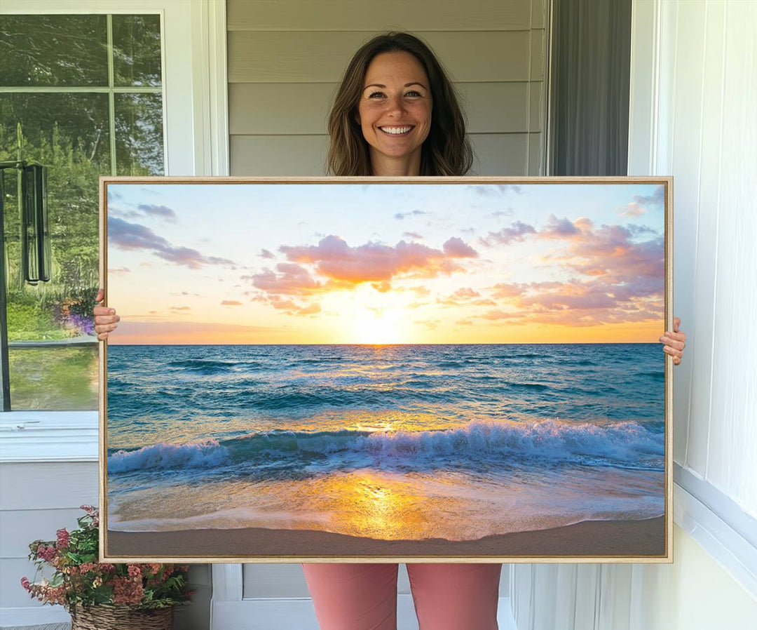 The Golden Sunset Over Ocean Waves painting depicts a vibrant sky.