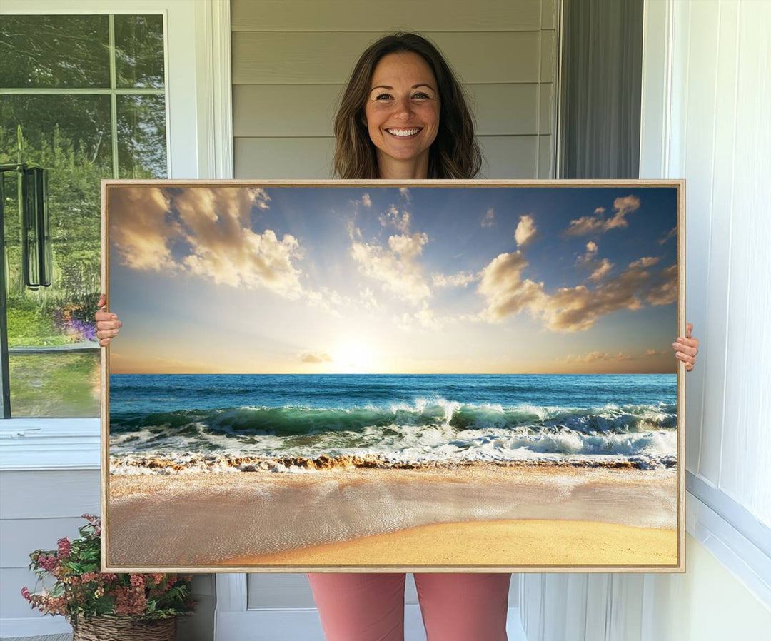 A Golden Sunset Beach triptych adorns the wall.