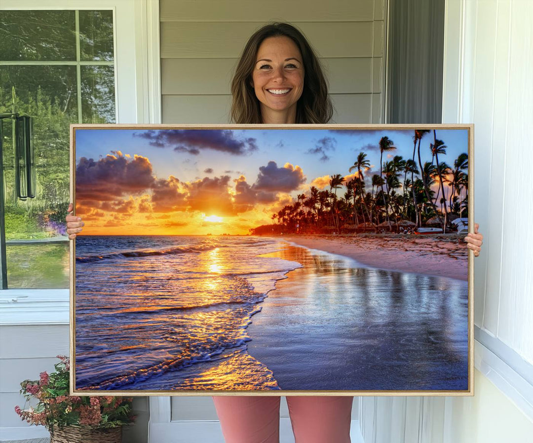 Serene Beach Sunset Wall Art Canvas featuring ocean waves hangs prominently.