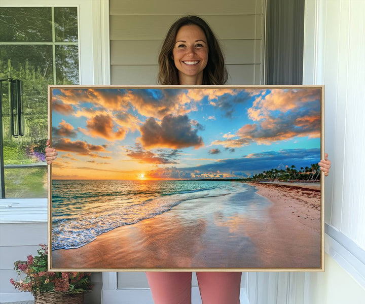 The Serene Beach Sunset Wall Art captures waves gently on the sandy shore.