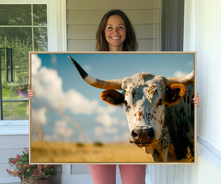 The Longhorn in the Prairie triptych cowboy wall art is ideal for western decor.