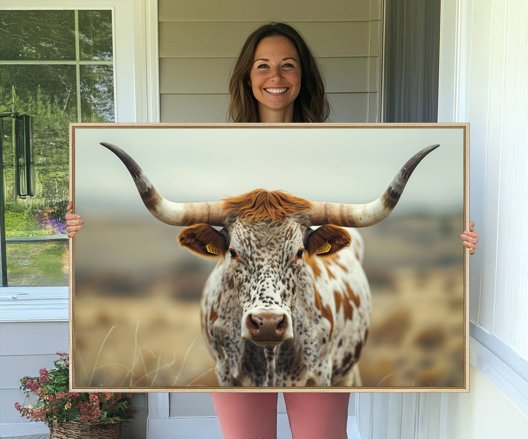 The Texas Cow Longhorn Canvas Print hangs, adding Western elegance.