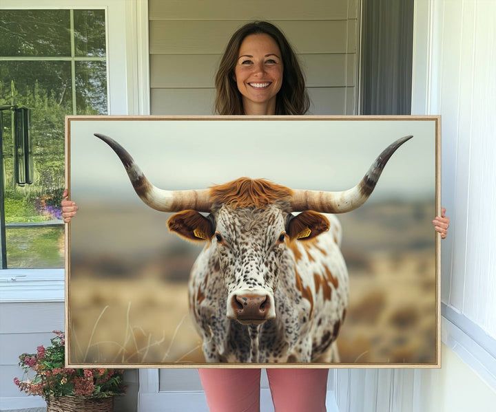 The Texas Cow Longhorn Canvas Print hangs, adding Western elegance.