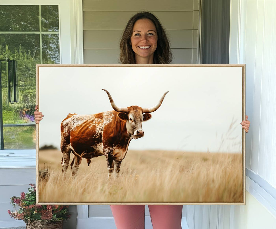 The Texas Longhorn canvas wall art print enhances a rustic farmhouse decor setting.