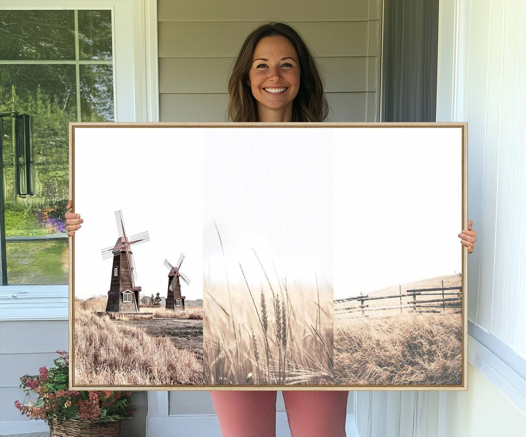 Farmhouse wall art set: 3 giclee canvas prints featuring windmills and wheat fields.