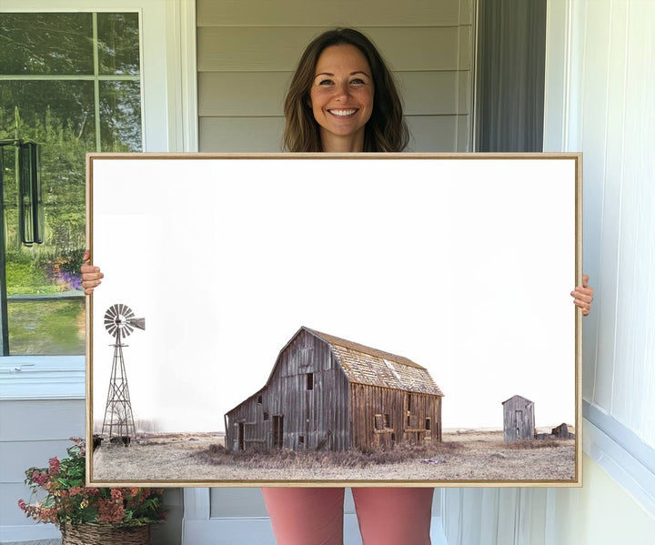 The Set of 3 Rustic Farmhouse Wall Art Prints features a barn, wheat field, and landscape.