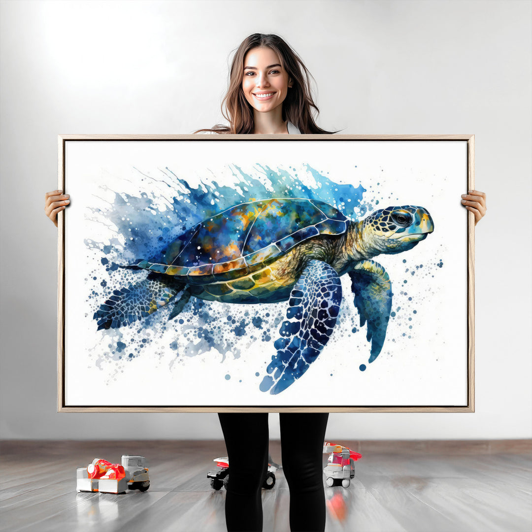 The Turtle Wall Art Print, featuring blue splashes, beautifully showcases Ocean Life.